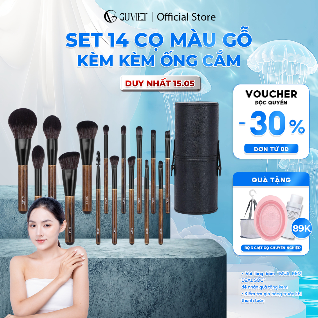 Bộ cọ trang điểm cá nhân GUVIET màu gỗ gồm 14 cọ đi kèm ống cắm đen