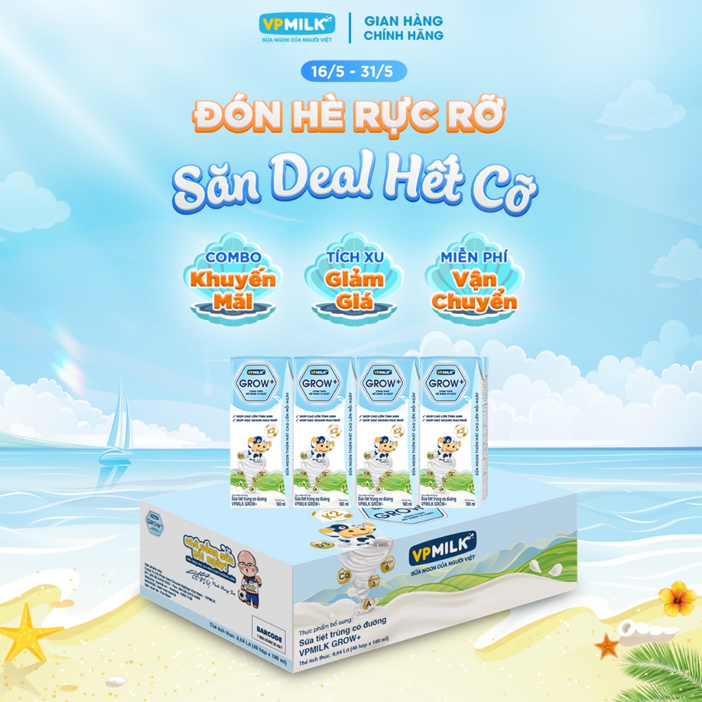 [Thùng 48 Hộp 110ml] Sữa Tiệt Trùng VPMilk Grow+ Có Đường Cho Bé Từ 1 Tuổi