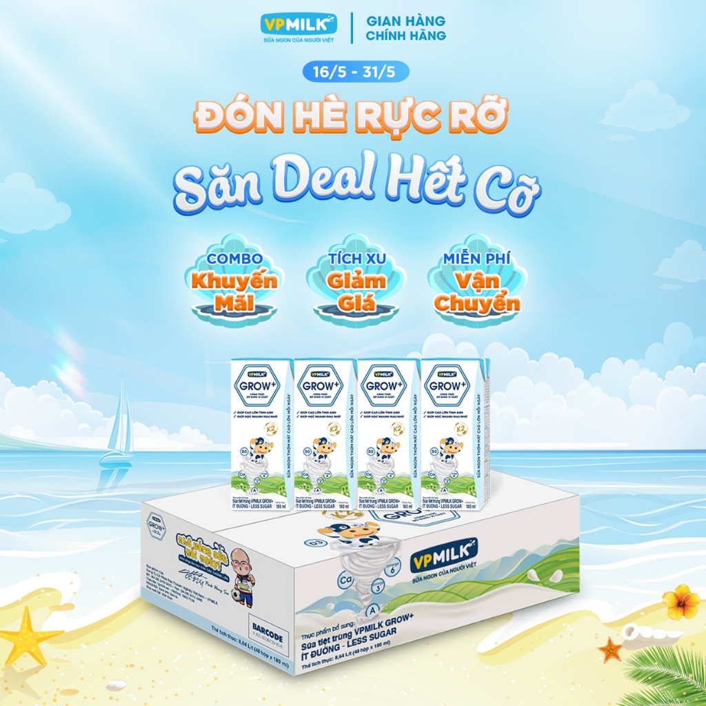 Sữa Tiệt Trùng VPMilk Grow+ Ít Đường hộp 180ml (thùng 48 hộp)