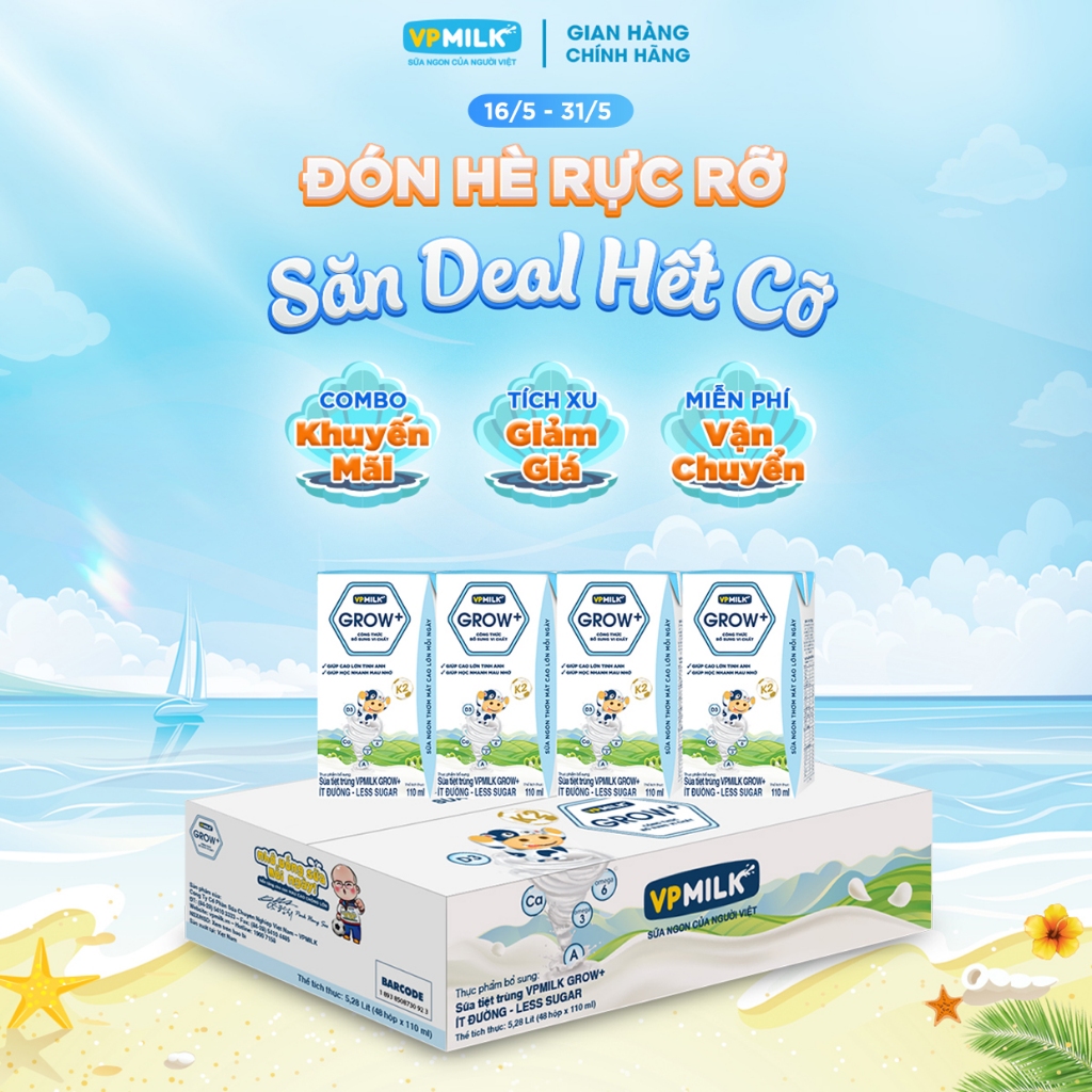 [Thùng 48 Hộp 110ml] Sữa Tiệt Trùng VPMilk Grow+ Ít Đường Cho Bé Từ 2 Tuổi