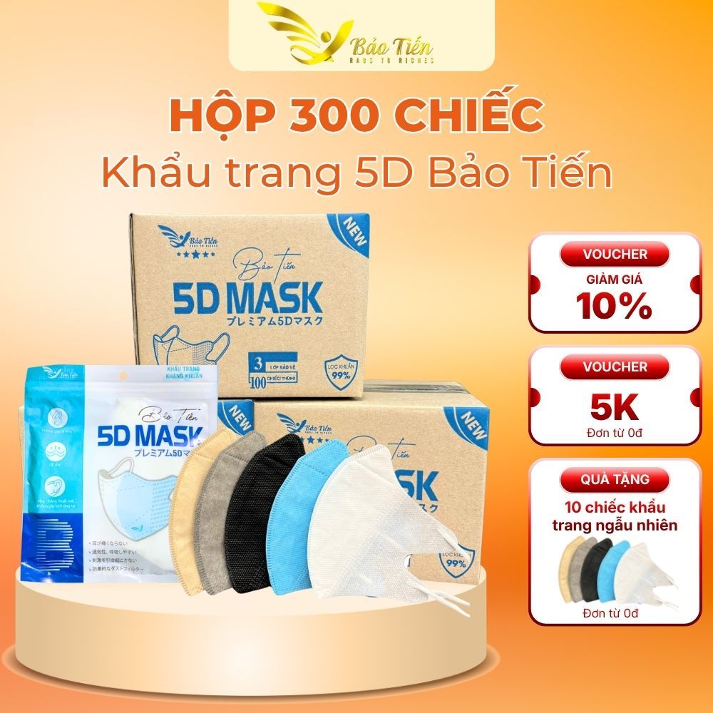 Thùng 300 chiếc Khẩu Trang 5D Bảo Tiến 3 lớp Kháng khuẩn, Khẩu trang 5D Mask kháng bụi mịn - Khẩu tr