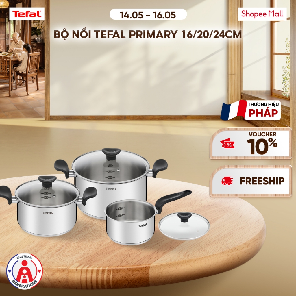 Bộ 3 nồi Inox đáy từ chống dính Tefal Primary 16/20/24cm