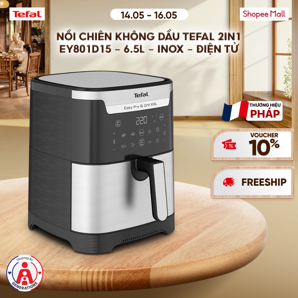 Nồi chiên không dầu Tefal EY801D15 6.5L XXL - Đen bạc, 220V/50Hz, 1830W, 99% giảm chất béo