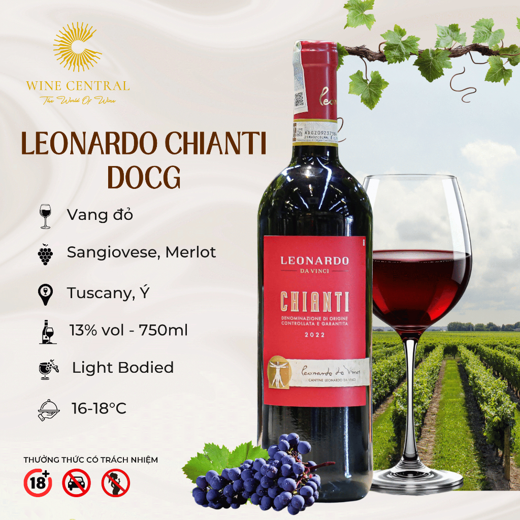 [Chính Hãng] - Rượu Vang Đỏ Ý Leonardo Chianti 750ml (13%) - Vang Nhập Khẩu WINE CENTRAL