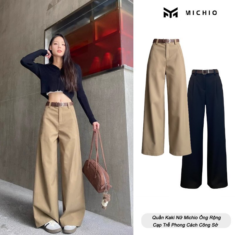 Quần Kaki Nữ Michio Ông Rộng Cạp Cao Phong Cách Công Sở Thanh Lịch, Sang Trọng