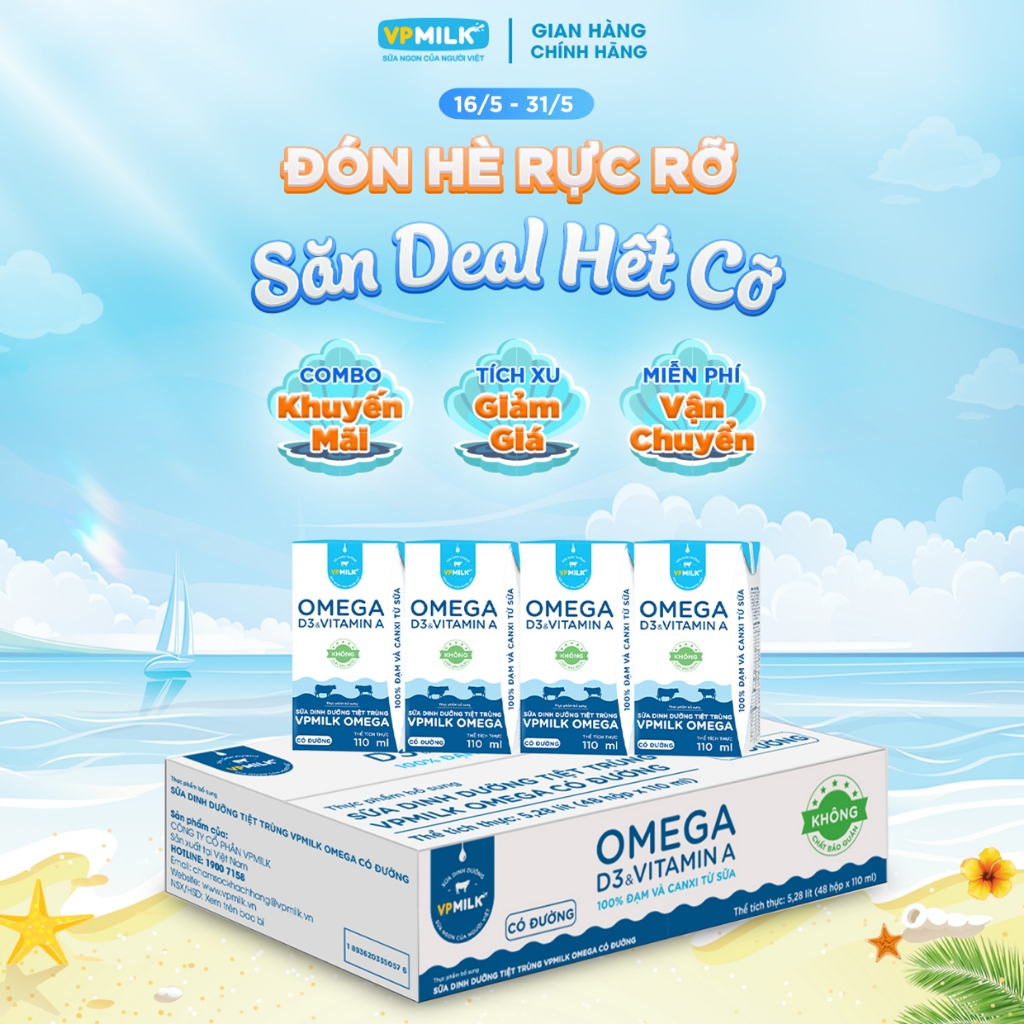 Sữa Dinh Dưỡng Tiệt Trùng VPMilk Omega Có Đường dạng HỘP 110ml (thùng 48 hộp)
