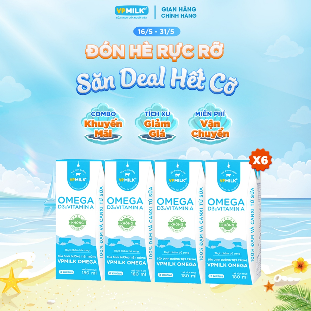 [Combo 6 lốc]Sữa Dinh Dưỡng Tiệt Trùng VPMilk Omega ÍT ĐƯỜNG dạng HỘP 180ml (4 hộp x 6)