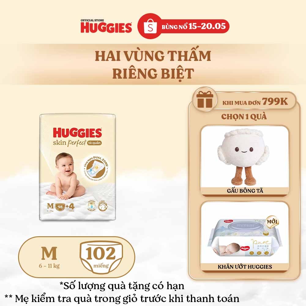 Tã quần Huggies Skin Perfect Mega Jumbo M98/ L88/XL72+4/XXL64+4 với 2 vùng thấm giảm kích ứng da