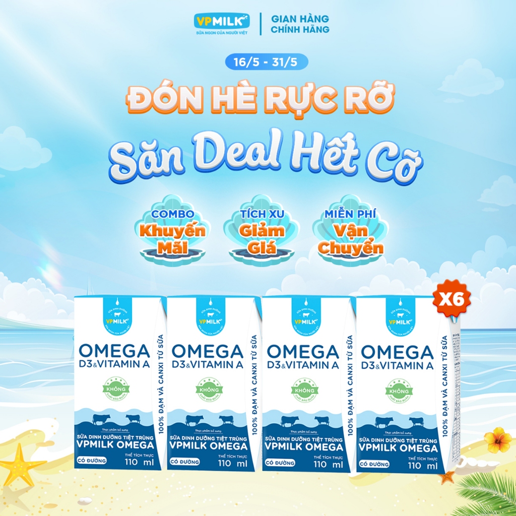 [6 Lốc 110ml] Sữa Dinh Dưỡng Tiệt Trùng VPMilk Omega CÓ ĐƯỜNG dạng HỘP ( 4 hộp x 6)