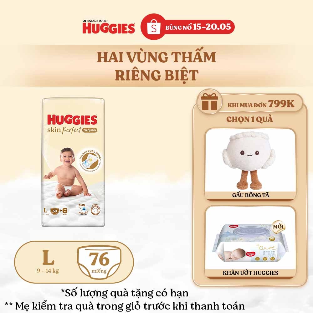 Tã quần Huggies Skin Perfect Super Jumbo M70+2/ L60+2/ XL52+6/ XXL48+6 với 2 vùng thấm giảm kích ứng