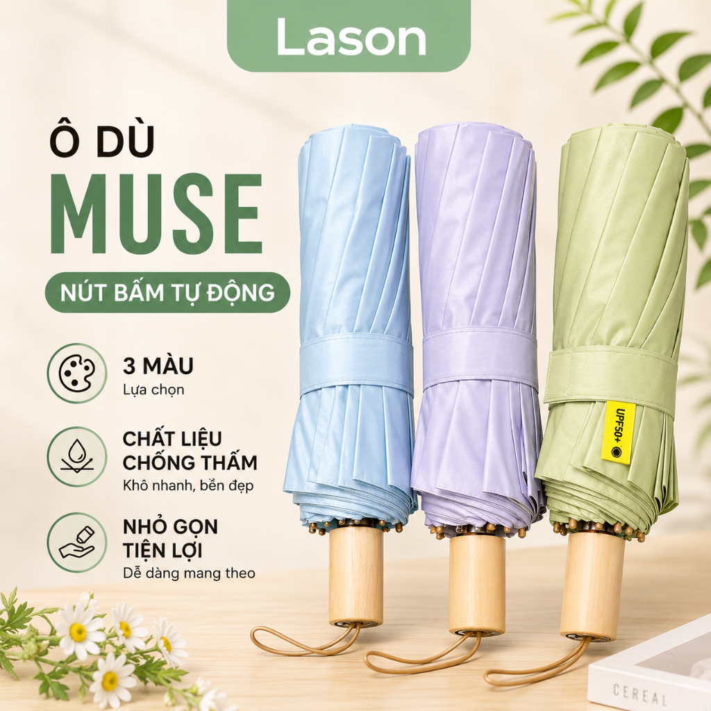 Ô dù nút bấm tự động Lason Muse màu pastel chống thấm nước, ô che nắng, ô che mưa