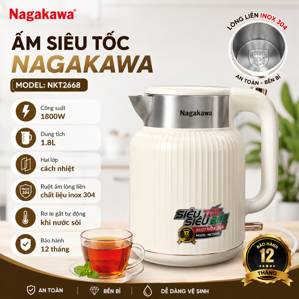 Ấm Siêu Tốc Nagakawa NKT2668, Dung Tích 1.7L,  Công Suất 1800W Ruột liền Inox 30-4, Tự Ngắt An Toàn,