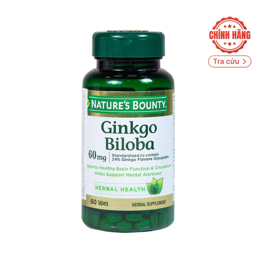 Viên uống hỗ trợ tăng cường tuần hoàn não Ginkgo Biloba 60mg Nature's Bounty (60 viên)