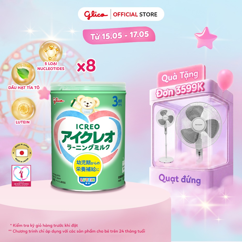 [ICREO SỐ 3] Combo 8 Lon Thực Phẩm Bổ Sung Glico ICREO LEARNING MILK (Số 3 - 8 lon x 820g) Nhật Bản