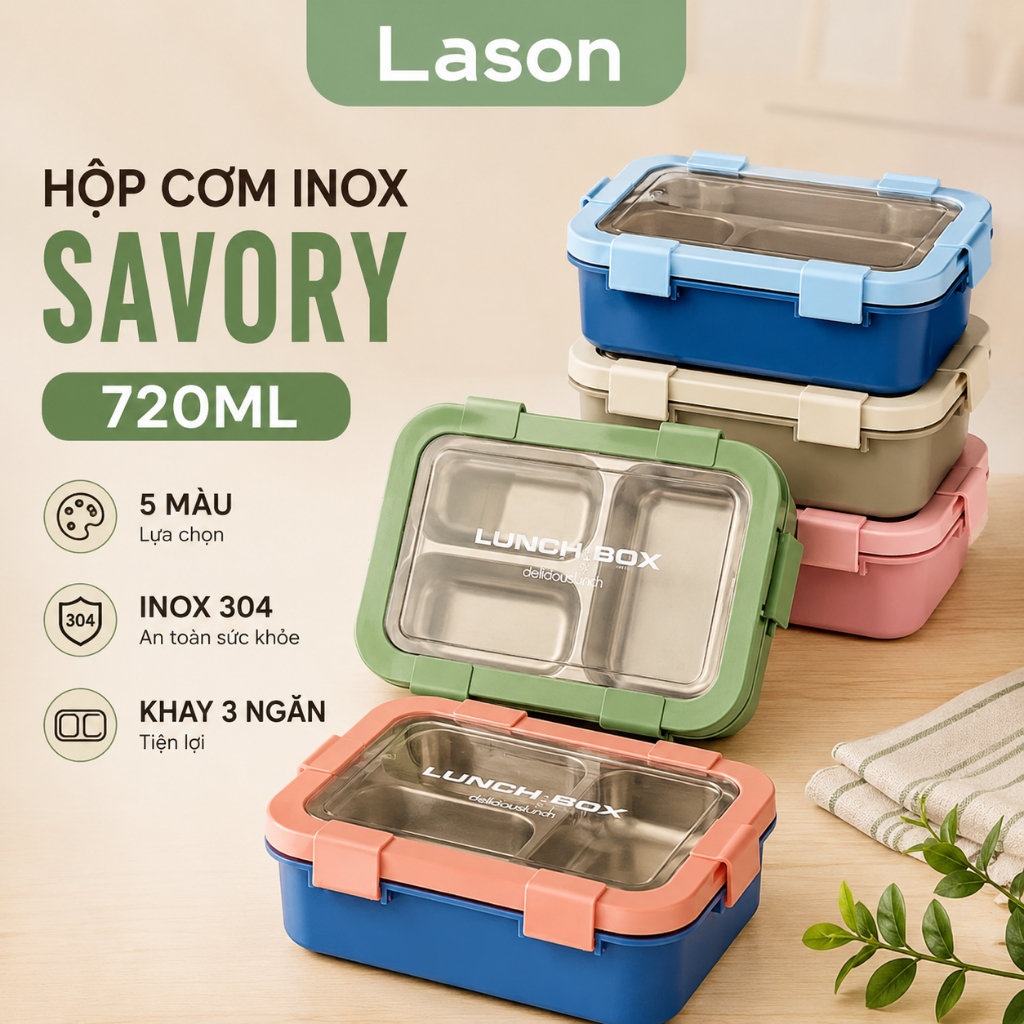 Hộp cơm Lason Savory 720ml, hộp đựng cơm canh inox 304 an toàn,hộp đựng cơm 3 ngăn tiện lợi