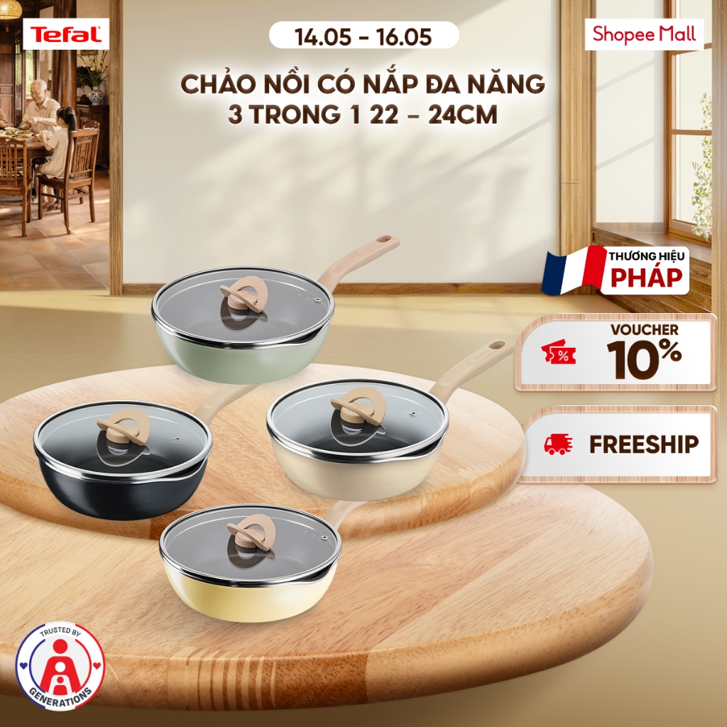 Chảo nồi có nắp chống dính đa năng Tefal One Pick Pot Pan 3 trong 1 Size 22-24cm