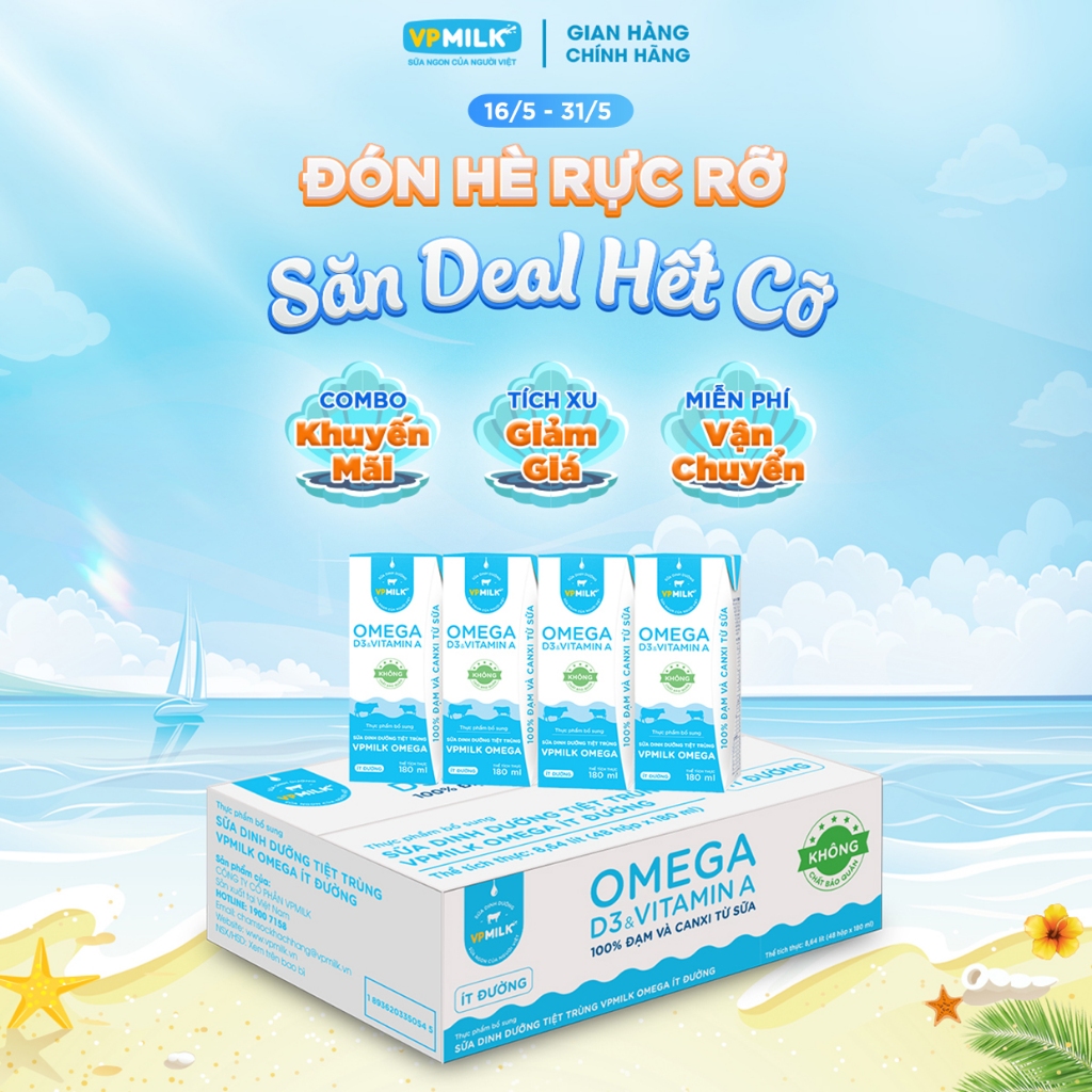 Sữa Dinh Dưỡng Tiệt Trùng VPMilk Omega Ít Đường dạng hộp 180ml (thùng 48 hộp)