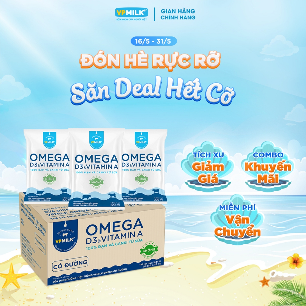 (Chỉ giao HCM) Sữa dinh dưỡng tiệt trùng VPMilk Omega BỊCH 220ml (thùng 48 bịch)