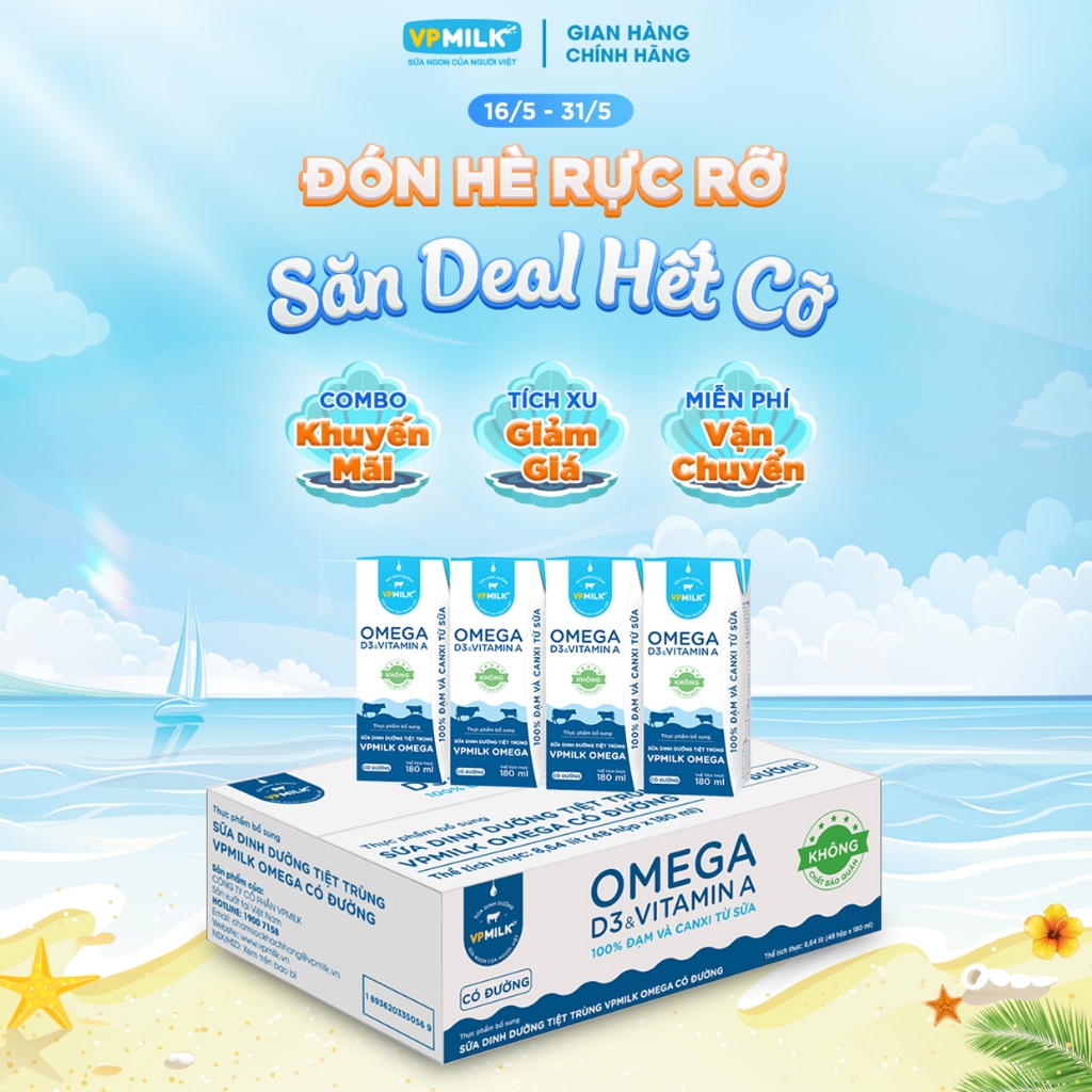 Sữa Dinh Dưỡng Tiệt Trùng VPMilk Omega Có Đường dạng hộp 180ml (thùng 48 hộp)