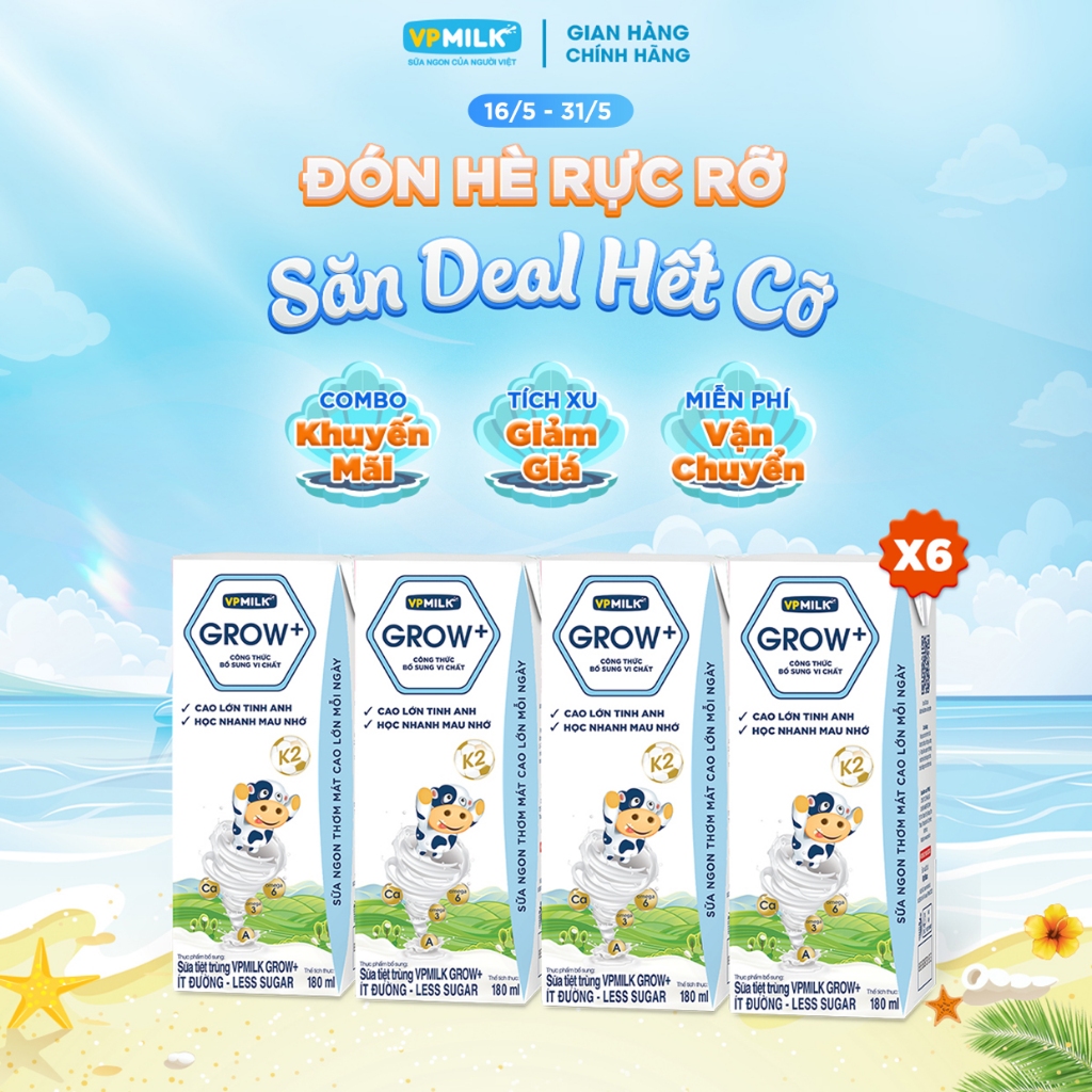 [6 Lốc 180ml] Sữa Tiệt Trùng VPMilk Grow+ Ít Đường