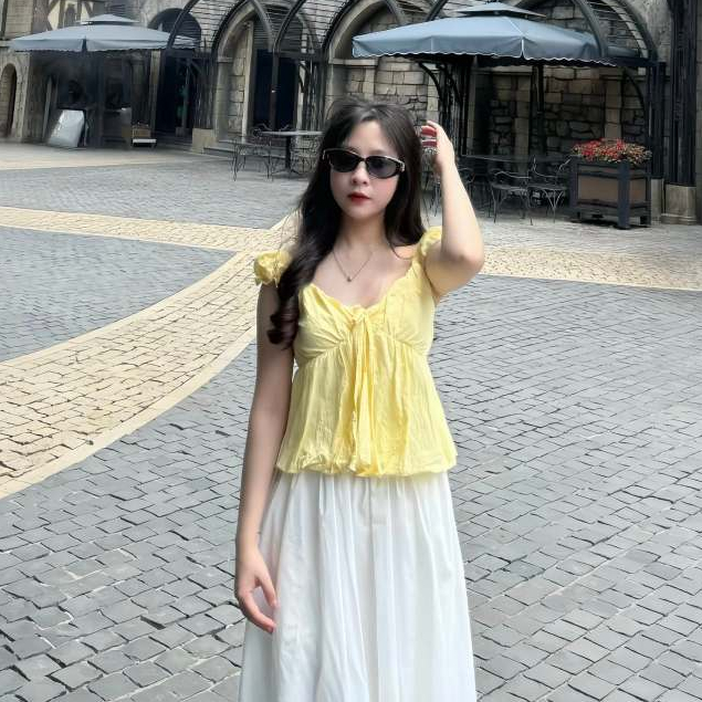 Áo Thô Bí Phồng Tay Vát Bo Chun, Áo Trễ Vai Nữ Buộc Nơ Dáng Babydoll Siêu Hot M4907