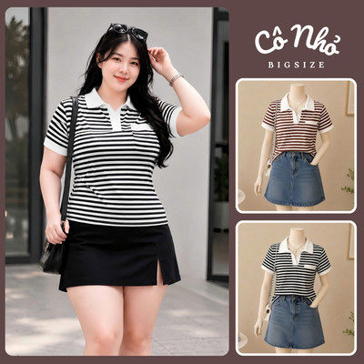 Áo Thun Bigsize Cô Nhỏ Cổ Bẻ Sọc Tay Ngắn Dáng Dài Vải Thun Gân Co Giãn Mạnh CB SOC