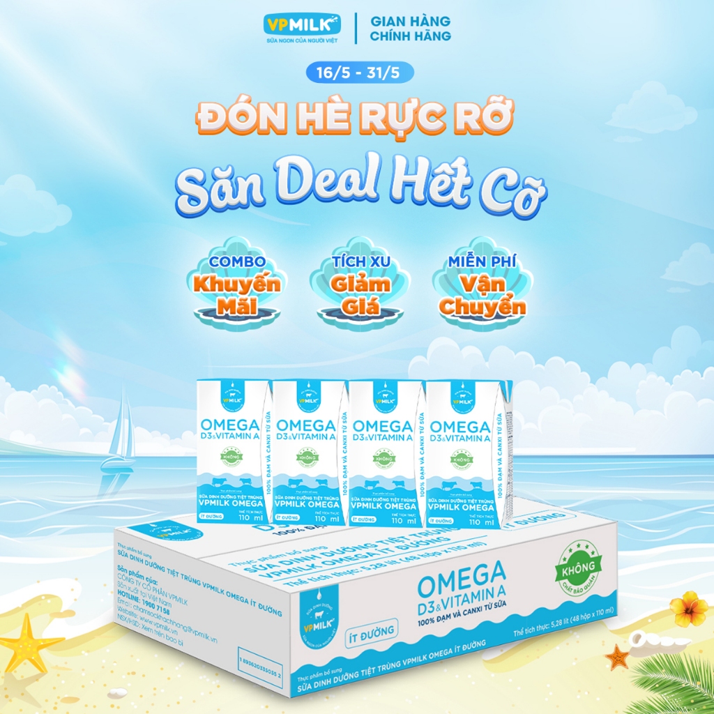 Sữa Dinh Dưỡng Tiệt Trùng VPMilk Omega Ít Đường dạng hộp 110ml (thùng 48 hộp)