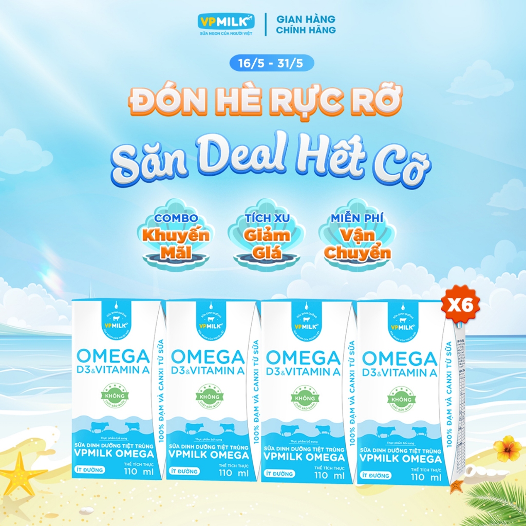 [6 Lốc 110ml] Sữa Dinh Dưỡng Tiệt Trùng VPMilk Omega ÍT ĐƯỜNG dạng HỘP ( 4 hộp x 6)
