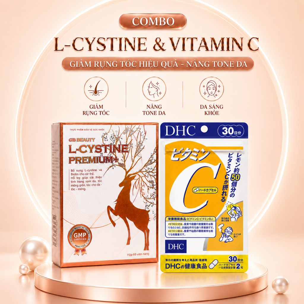 COMBO L cystine 500mg 60 viên + Vitamin C 60 viên DHC hỗ trợ trắng da và giảm rụng tóc, giảm mụn