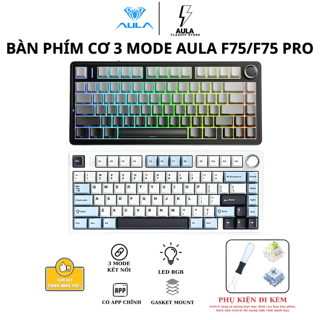 [CHÍNH HÃNG]  BÀN PHÍM CƠ KHÔNG DÂY AULA F75/F75 PRO - 3 MODE - MẠCH XUÔI - HỖ TRỢ HOTSWAP - 16,8 TR