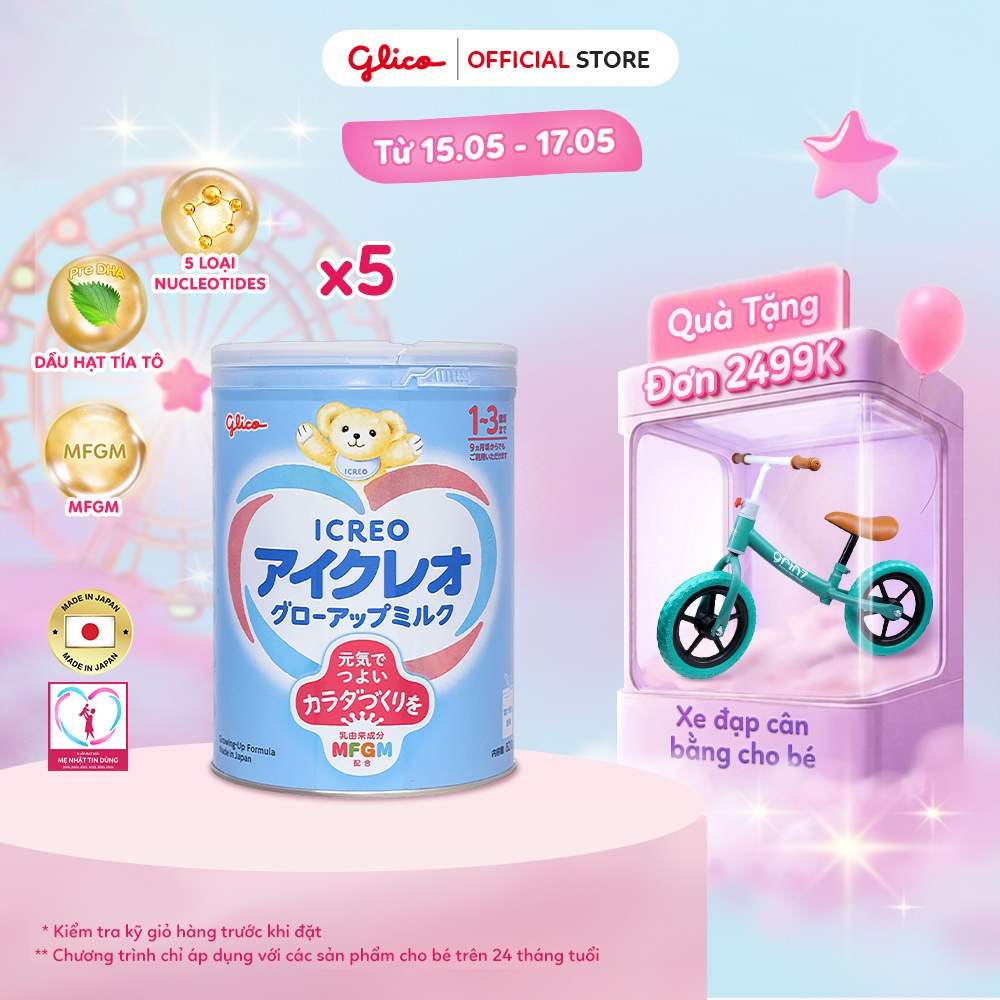 [ICREO SỐ 1] Combo 5 Lon Sữa Bột Cho Bé Glico ICREO Grow-Up Nhật Bản - Lon 820G