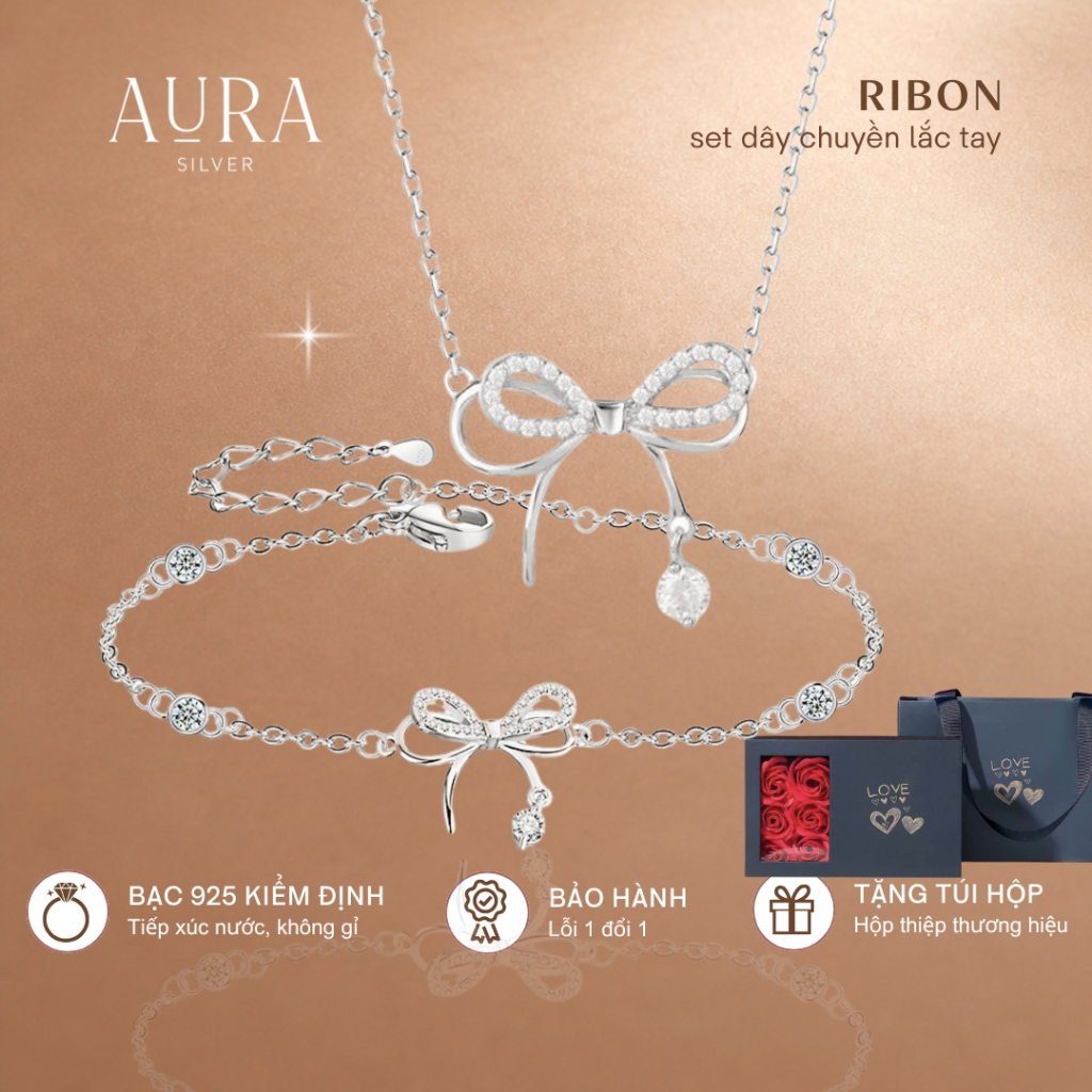 Bộ dây chuyền lắc tay bạc ý 925, set trang sức bạc nữ nơ Ribon-AURASILVER
