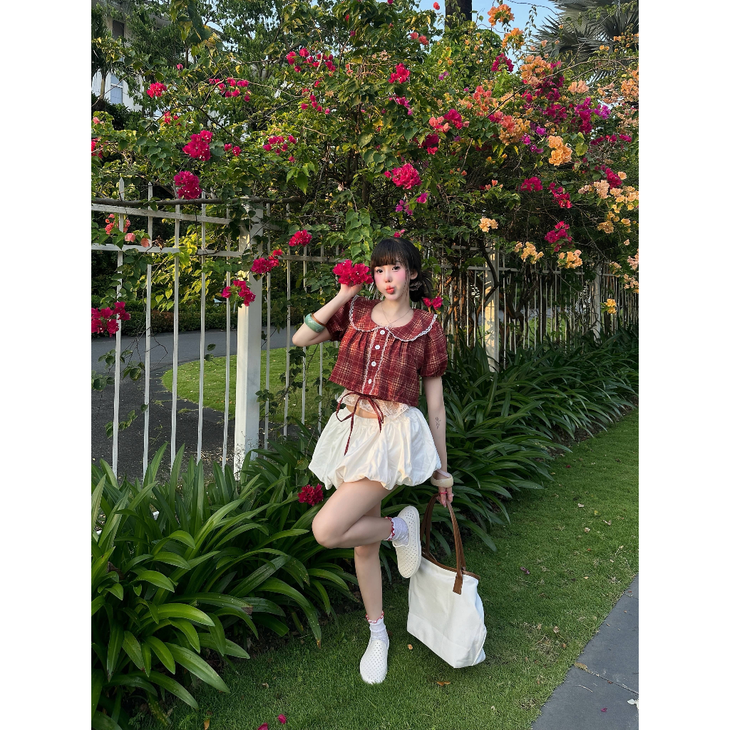 [SUMMER - HÈ] Áo Babydoll Croptop tay phồng SAIGONESE PINK phối ren bo thun không lộ - A15SP | BigBuy360 - bigbuy360.vn