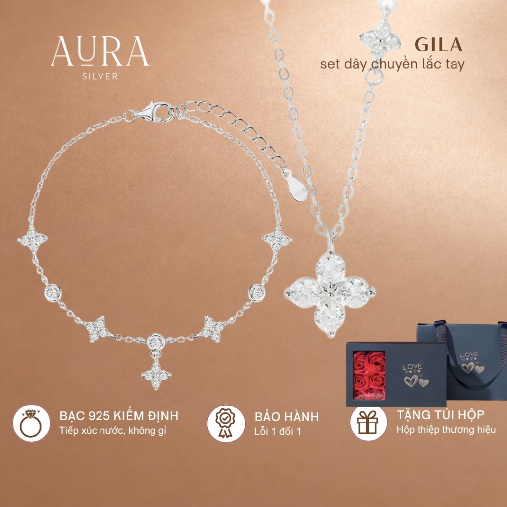 Bộ trang sức dây chuyền, lắc tay bạc Ý 925, set bạc nữ Gila 2 món Aura Silver