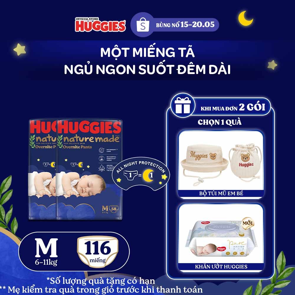 [KOL LIVE] Combo 2 Tã quần Huggies Nature Made ban đêm M58/L44/XL38/XXL26