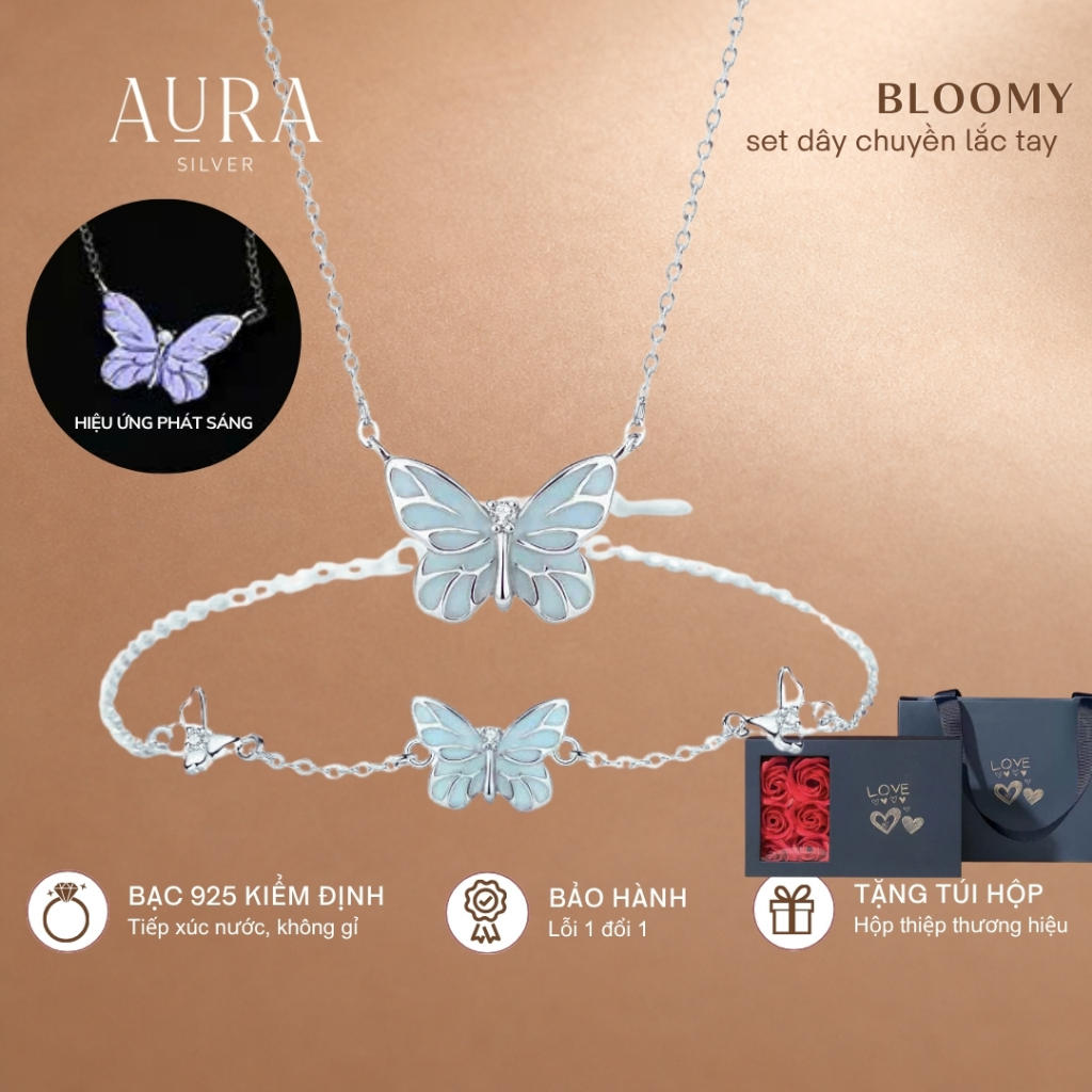 Set dây chuyền lắc tay bạc Ý 925 bộ trang sức bạc nữ Bloomy hồ điệp phát sáng-SET33-AURASILVER