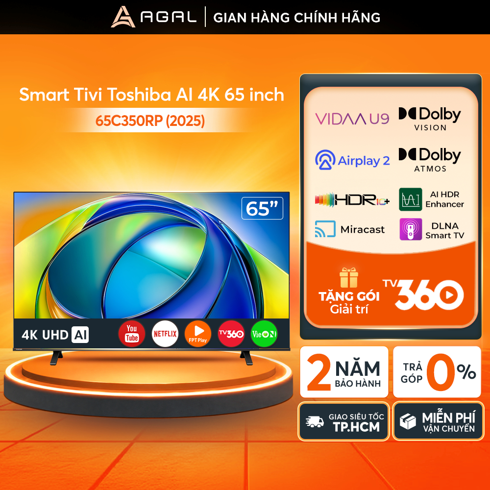 Smart Tivi Toshiba AI 4K 65 inch 65C350RP Trả góp 0%, Bảo hành 2 năm, Giao hàng toàn quốc
