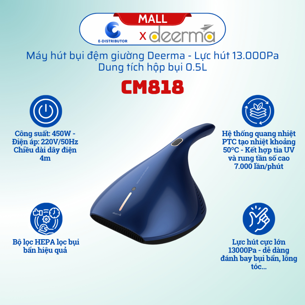 Máy hút bụi đệm giường Deerma DEM-CM818, Lực hút 13.000Pa, Dung tích hộp bụi 0.5L - Hàng chính hãng
