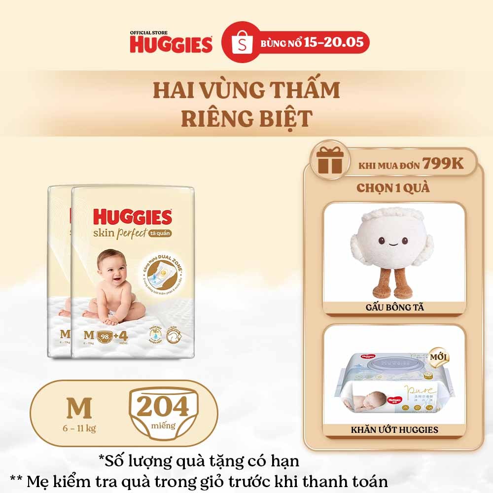 [KOL LIVE] Combo 2 Tã quần Huggies Skin Perfect Mega Jumbo M98+4/ L88+4/XL72+4/XXL64+4 với 2 vùng th