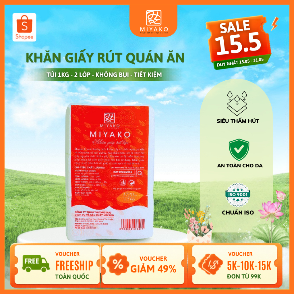 Khăn Giấy Lụa Rút MIYAKO 2 Lớp 1Kg (1000g) | Giấy Ăn Nhà Hàng Quán Ăn Khách Sạn - Đủ Cân - Không Bụi