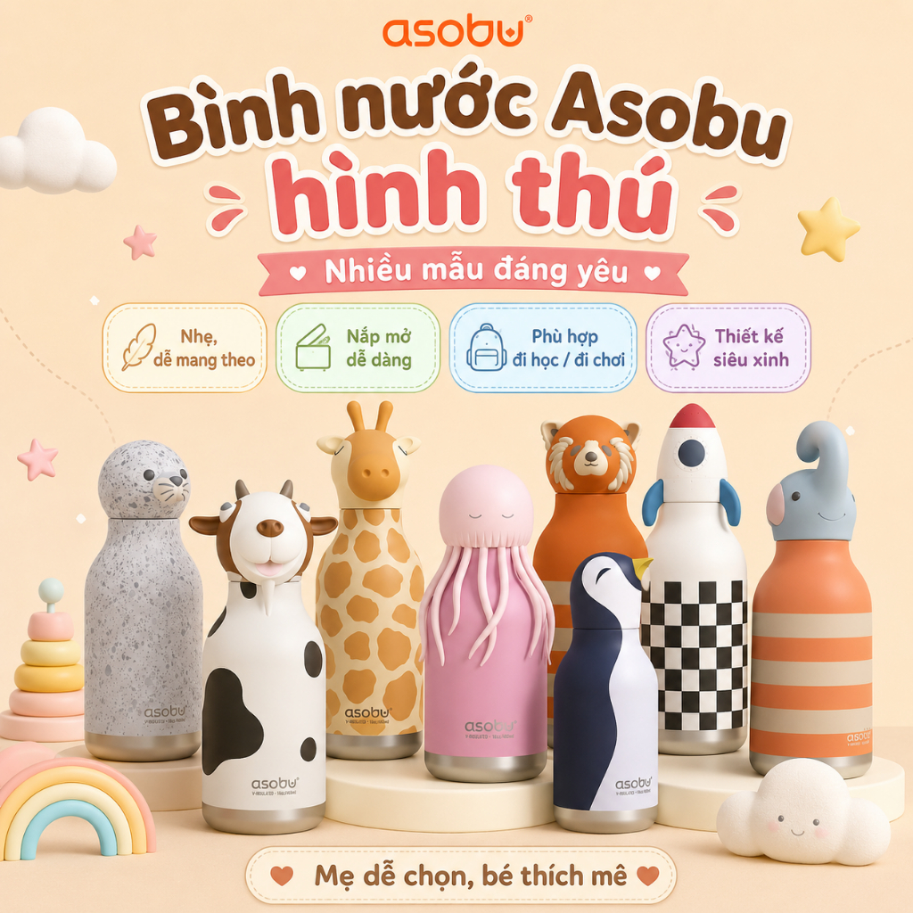 🍼 Bình Giữ Nhiệt Hình Thú 3D Asobu Bestie Bottle – 460ml – Dễ Thương & Tiện Lợi ( Bình không box )