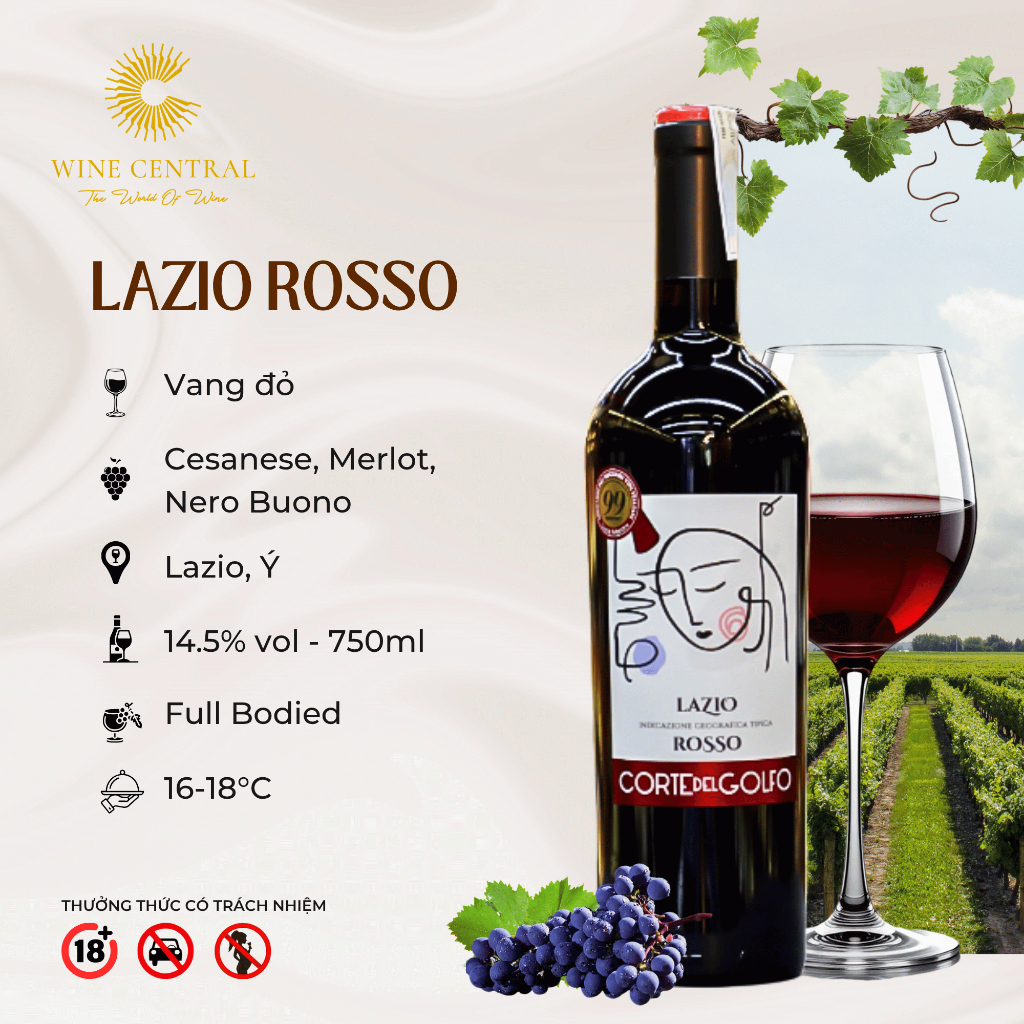 [Chính Hãng] - Rượu Vang Đỏ Ý Lazio Rosso 750ml (14,5%) - Vang Nhập Khẩu WINE CENTRAL