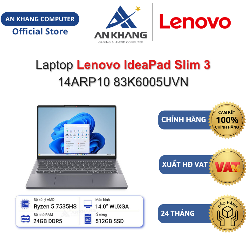 Laptop Lenovo IdeaPad Slim 3 14ARP10 83K6005UVN (R5-7535HS/ 24GD5/ 512GSSD/ 14.0WUXGA/ Win 11) Chính