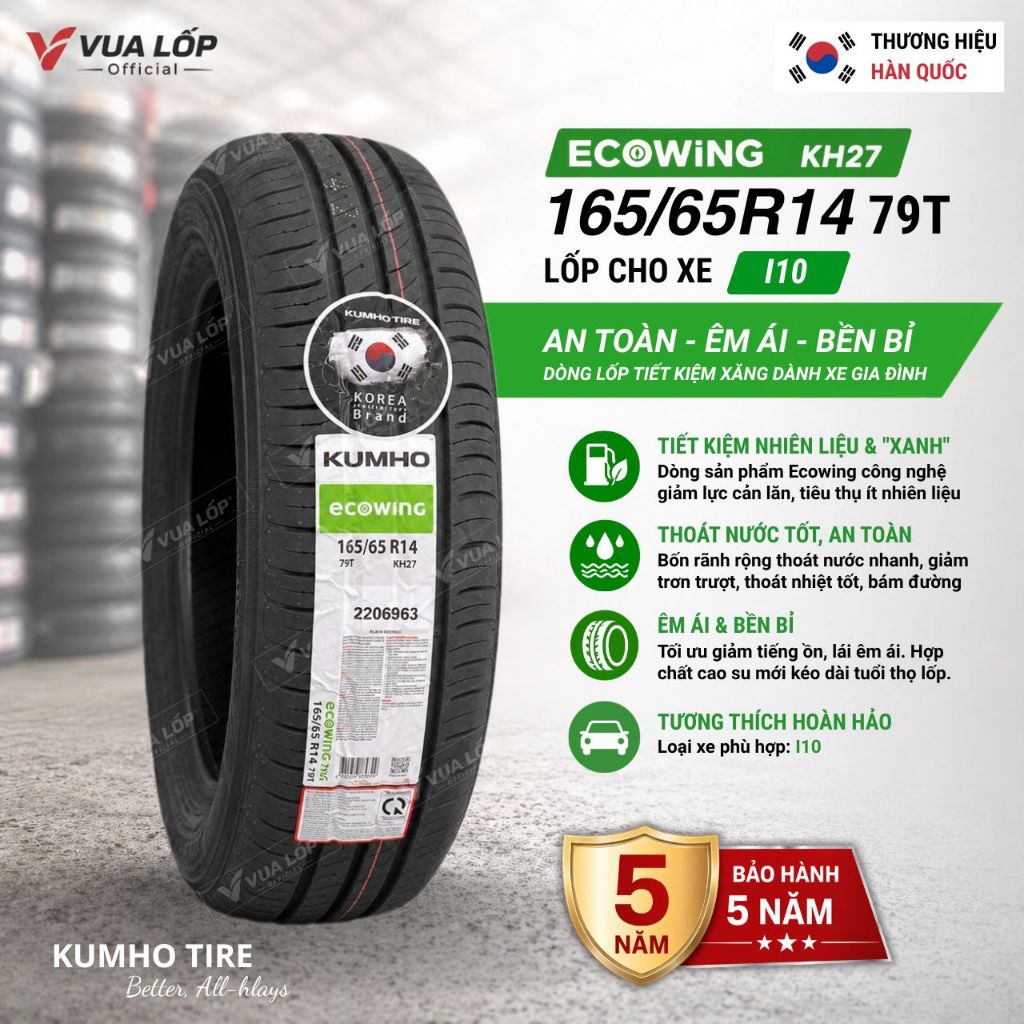 Lốp KUMHO 165/65R14 79T KH27 - Lốp xe I10 Lốp mới Giá tốt nhất (Bảo hành 5 năm)