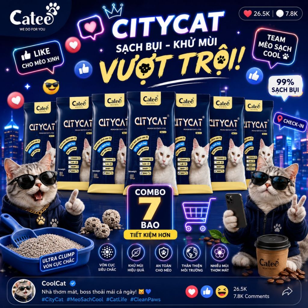 Tải 7 Bao Cát Vệ Sinh Cho Mèo CITYCAT Bentonite | Vón Cục Chặt – Khử Mùi Mạnh – Không Bết Đáy