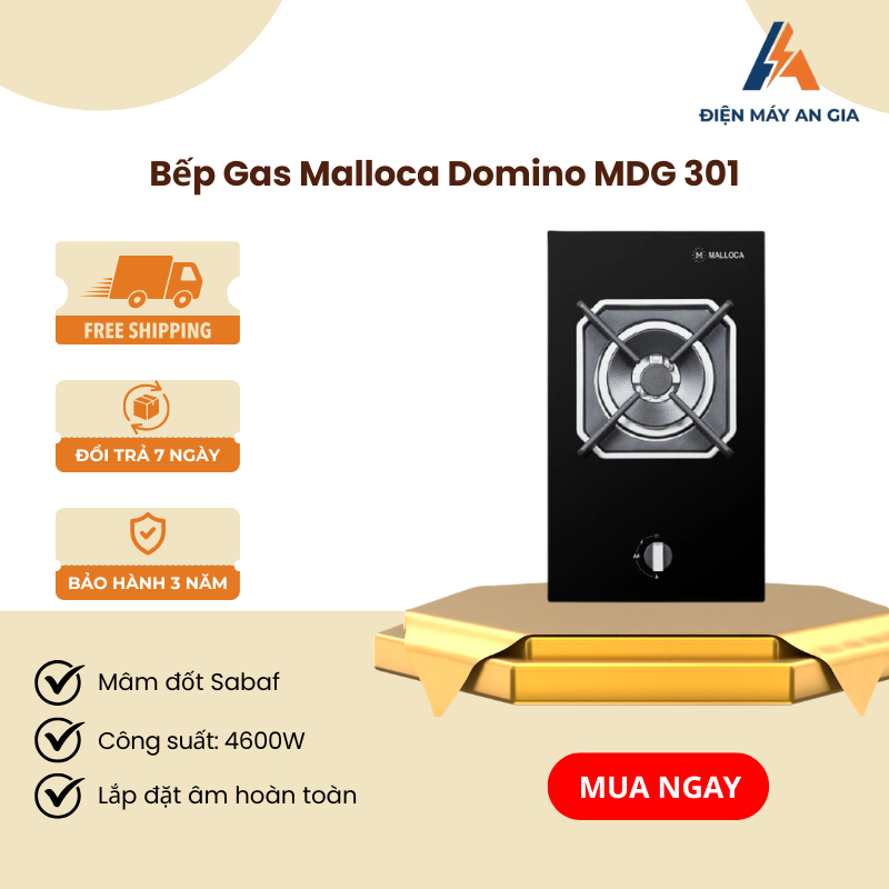 Bếp Kính Âm 1 Gas Domino Malloca MDG 301 - Mâm Đốt Sabaf - Ý - Chế Độ Nấu Hâm - PEB