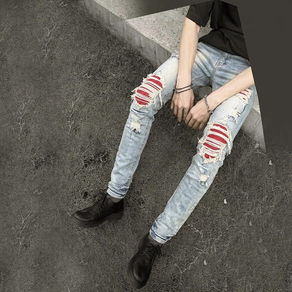 Quần Jean biker lót đỏ, streetwear Lexuza 0183