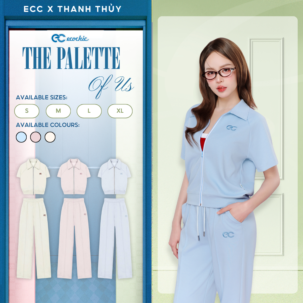 Set Bộ Dài Polo ECOCHIC Áo Khóa Kéo Logo Thêu Quần Ống Suông Cao cấp Chính Hãng B246