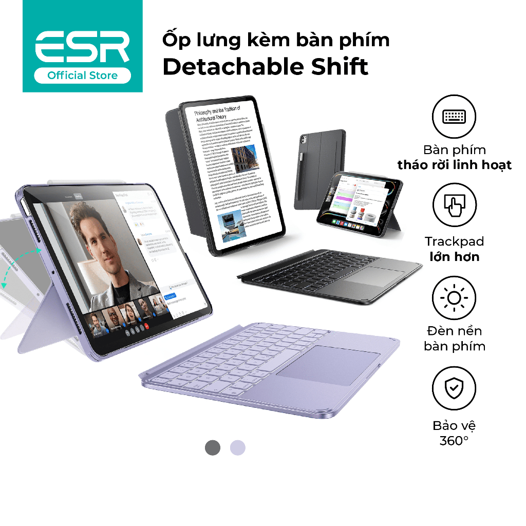 Ốp lưng kèm bàn phím ESR Detachable Shift dành cho iPad Air 4/5/6/7/8 & Gen 11/A16/10 tháo rời linh 