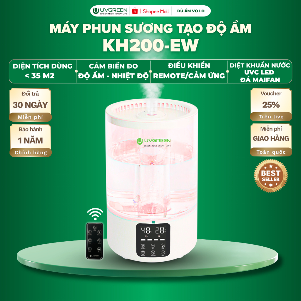 Máy Phun Sương Tạo Ẩm UVGREEN KH200 5 Lít, UVC Diệt Khuẩn, Tạo Sương Siêu Mịn Làm Mát, Xông Tinh Dầu